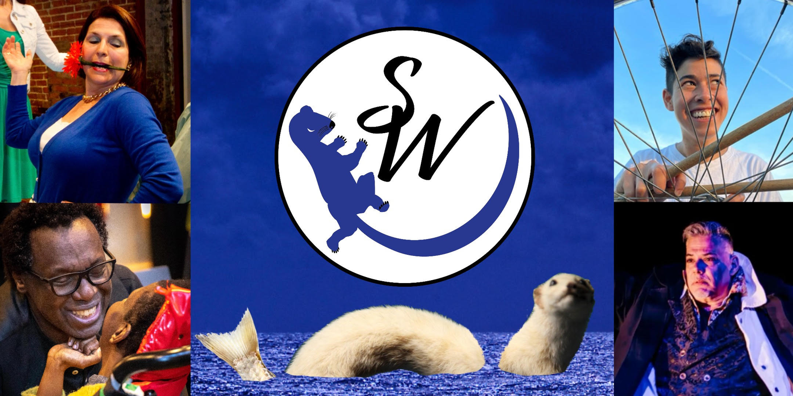 Collage of 4 performing artists, with the Sleeping Weazel logo at center
